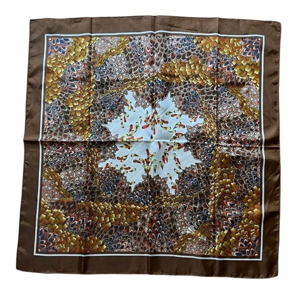 Vintage Peacock Feather Square Scarf‎ Browns and Yellows Made in Japan